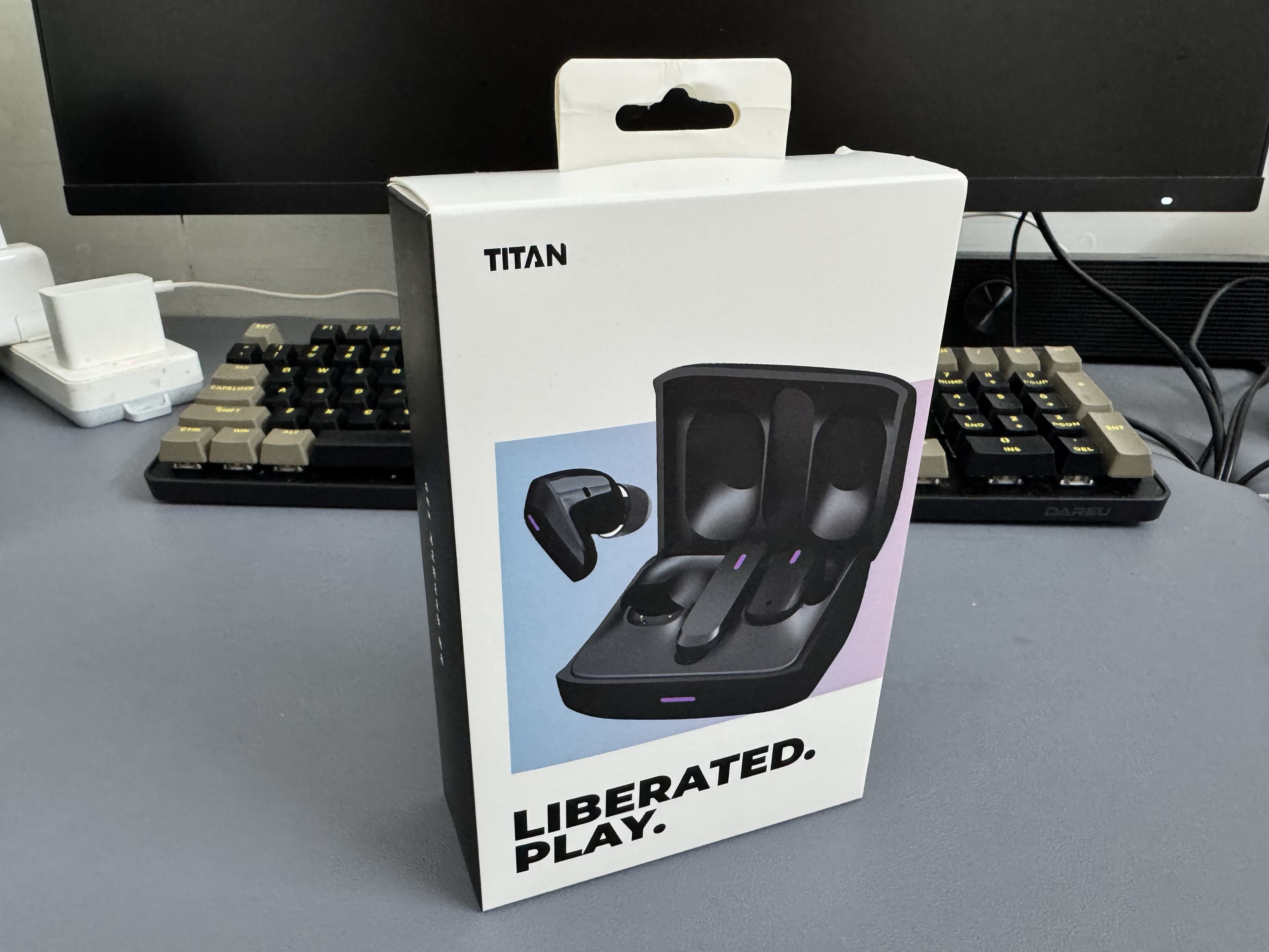 GE5 Korea OEM gaming TWS earbuds case study TITAN retail box front view