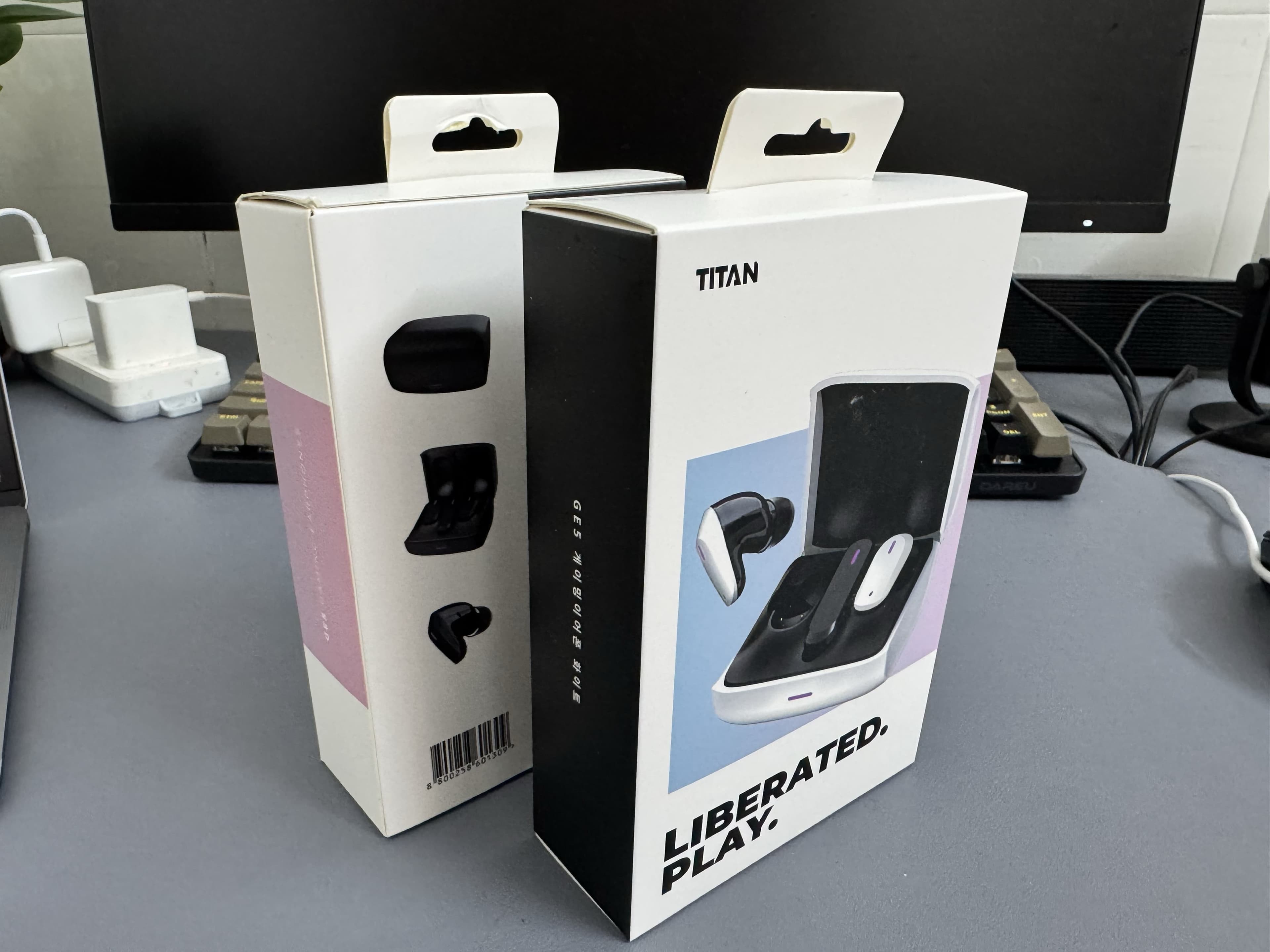 GE5 Korea OEM gaming TWS earbuds case study TITAN retail box side view