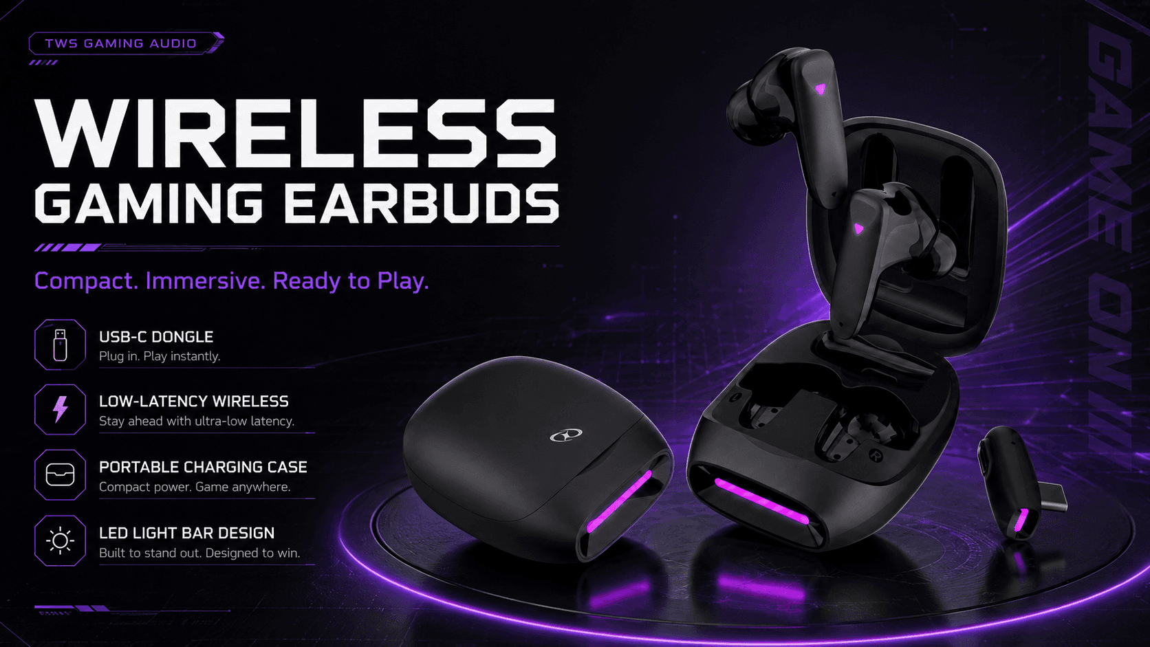 G10 private label gaming earbuds visual proposal with metallic silver customer logo