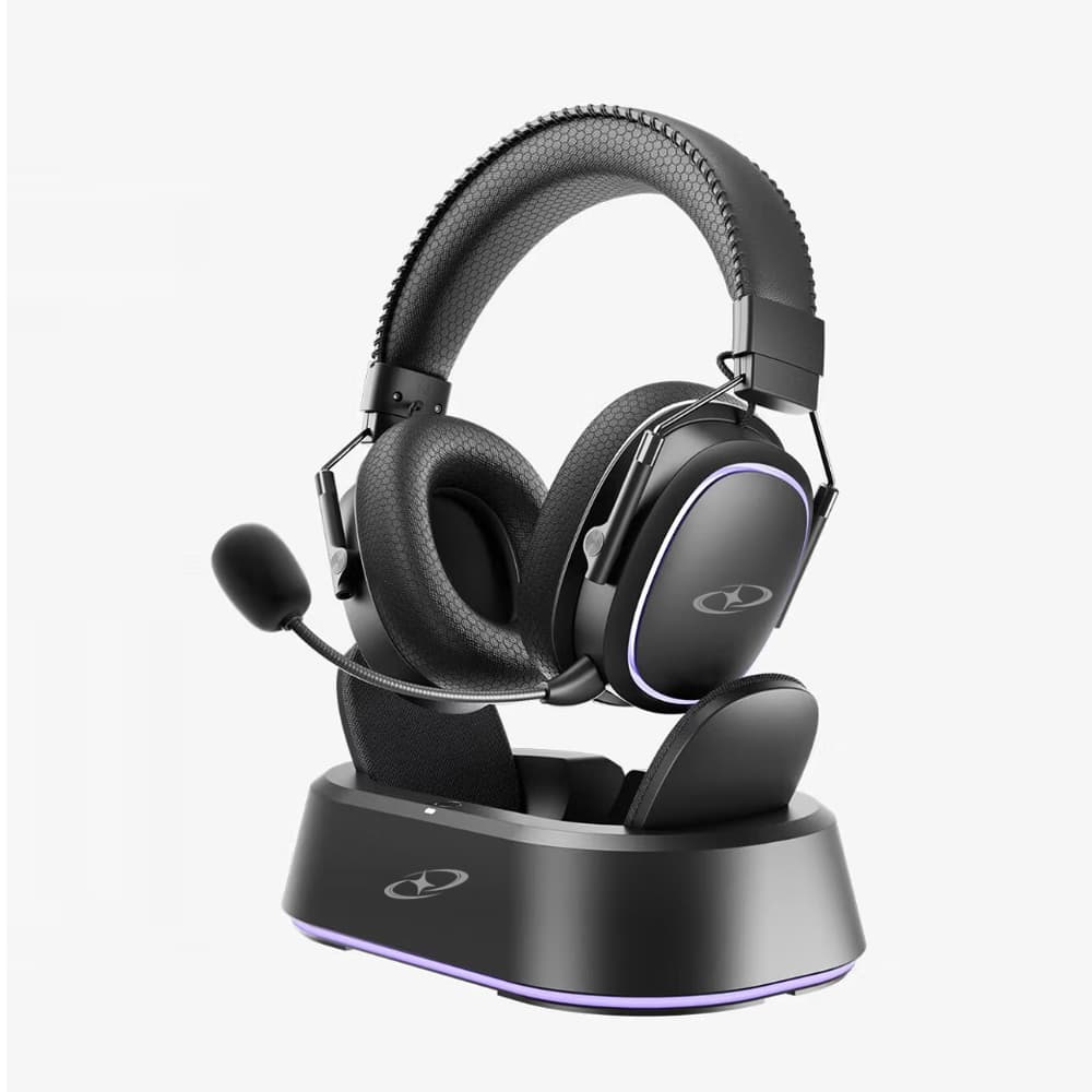 G946 private label wireless gaming headset with metallic logo and RGB charging base