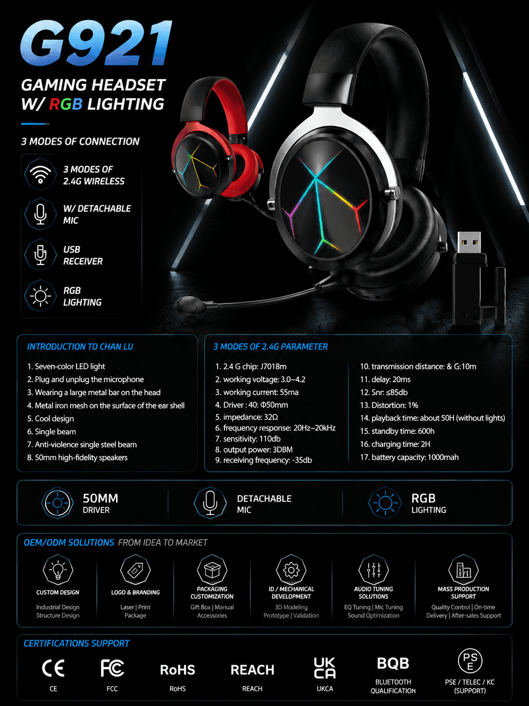 G921 J7018M RGB tri-mode gaming headset with detachable microphone and USB receiver