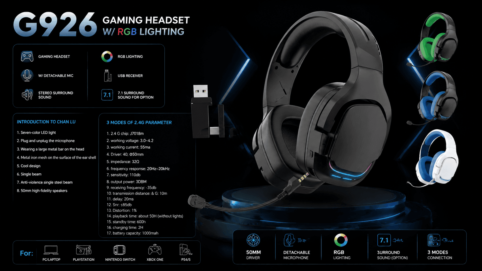 G926 Black 1000mAh Tri-Mode Wireless Gaming Headset
