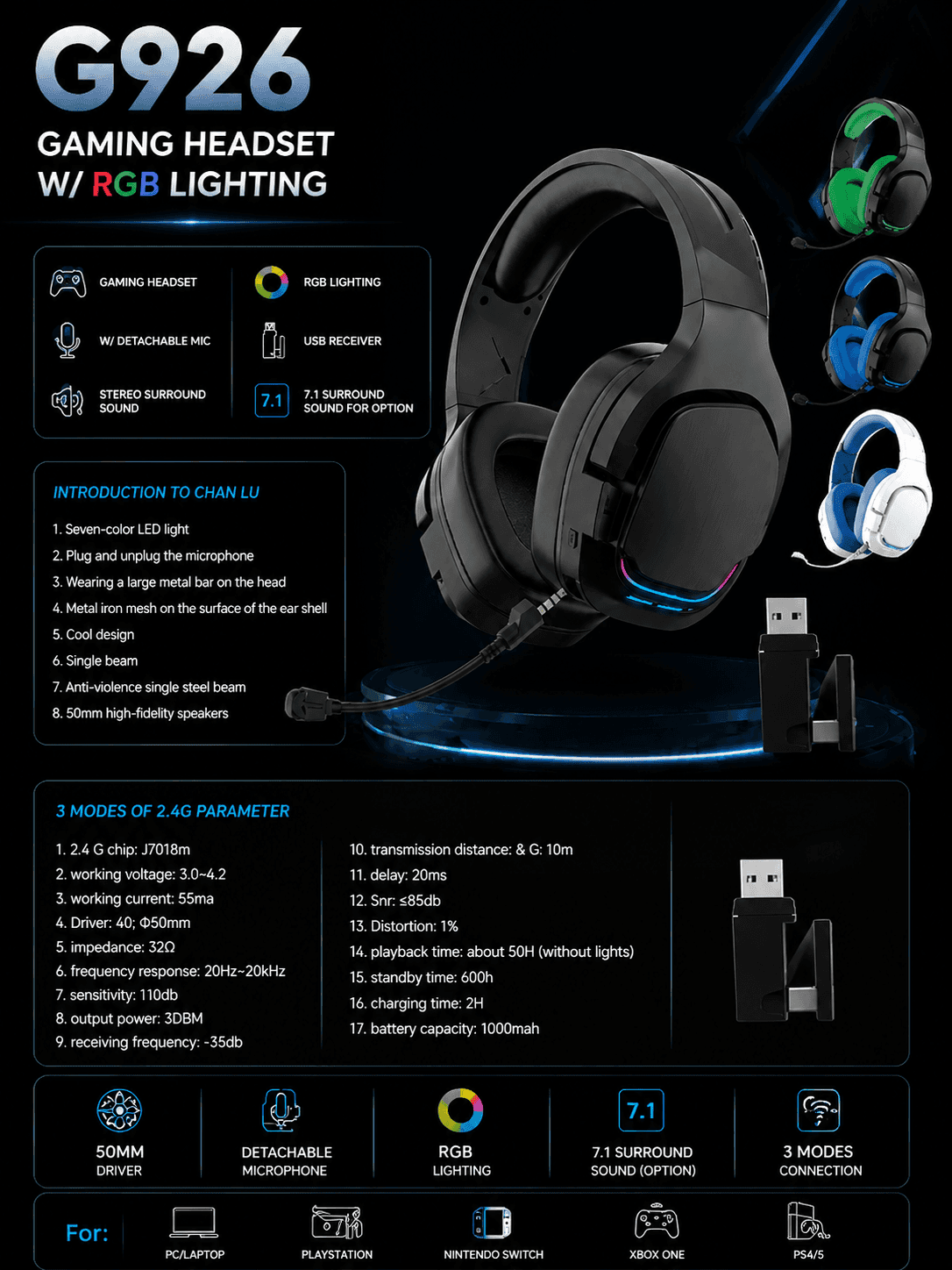 G926 Black RGB tri-mode wireless gaming headset with USB receiver and detachable microphone