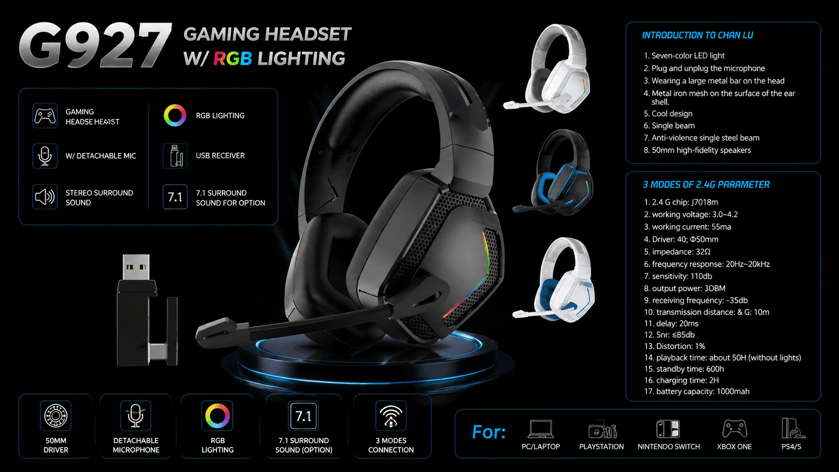 G927 Black RGB Private Label Tri-Mode Gaming Headset
