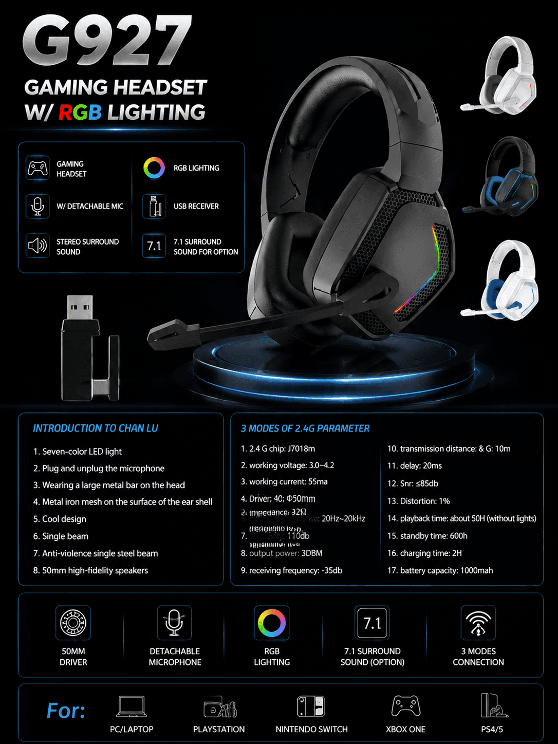 G927 Black RGB private label tri-mode gaming headset with USB receiver and detachable microphone