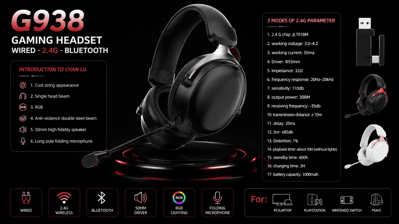 G938 Black 2.4G Virtual 7.1 Wireless Gaming Headset