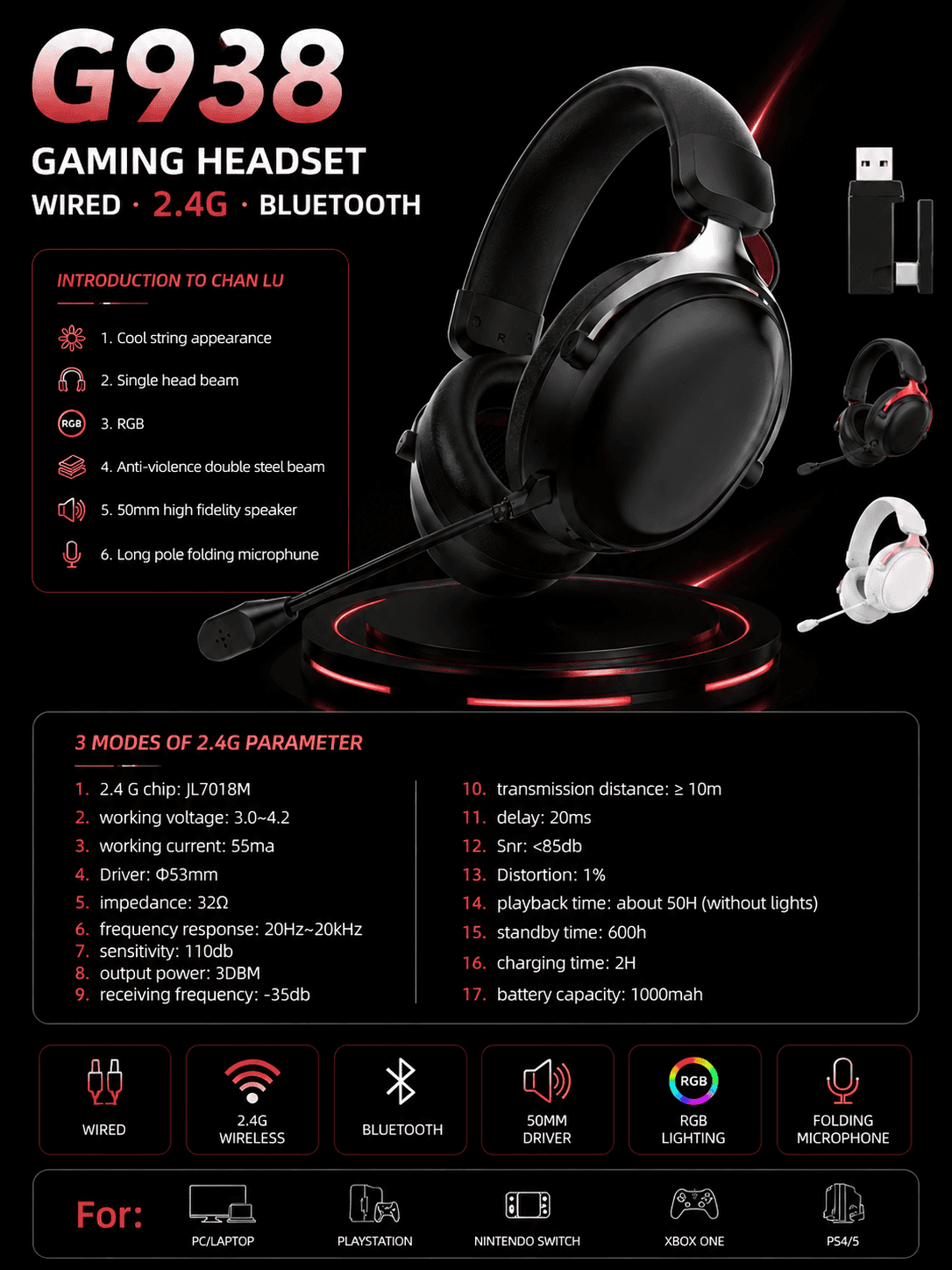 G938 Black 2.4GHz Virtual 7.1 wireless gaming headset with included dongle