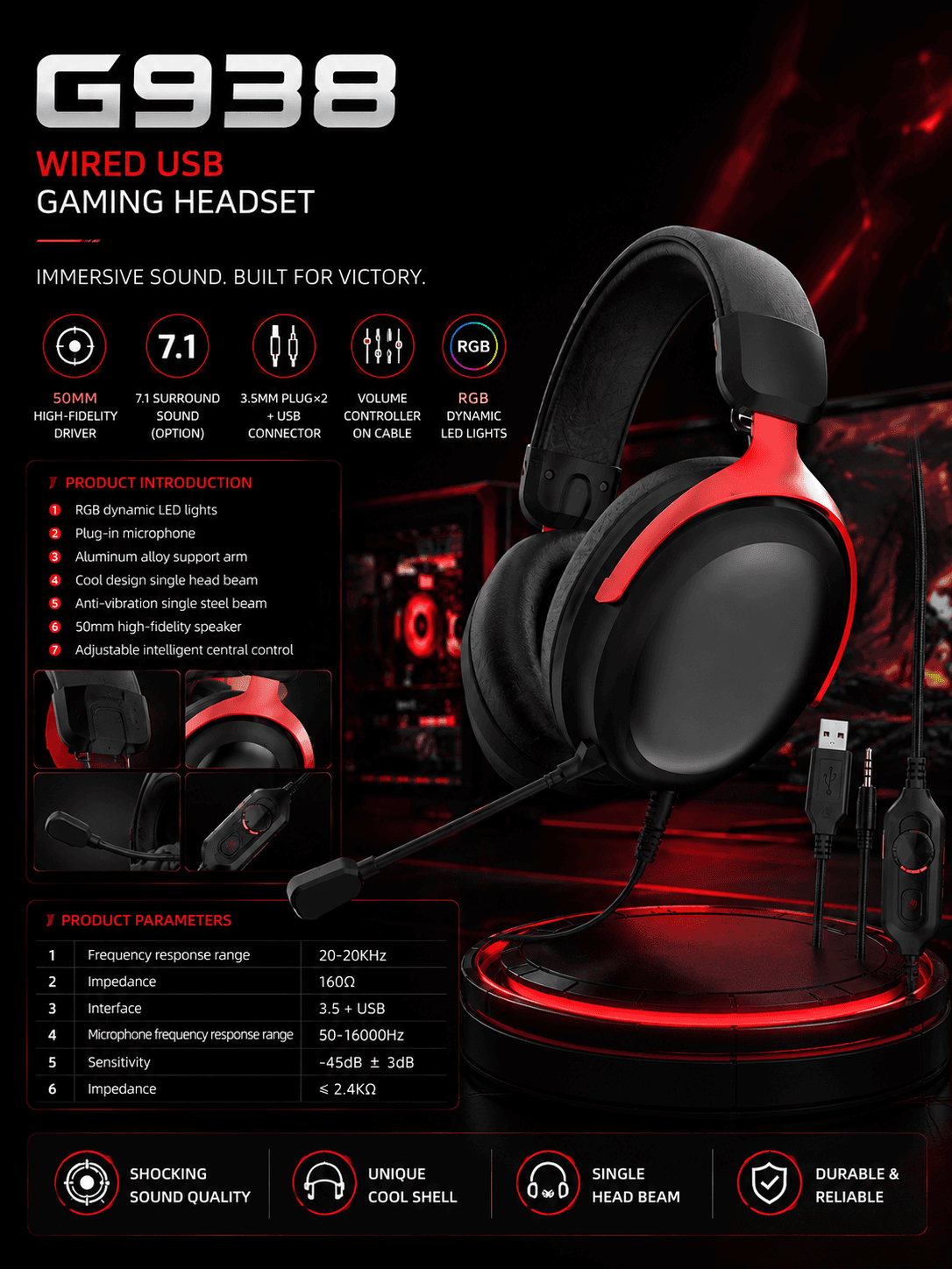 G938 dual 3.5mm USB wired gaming headset hero image