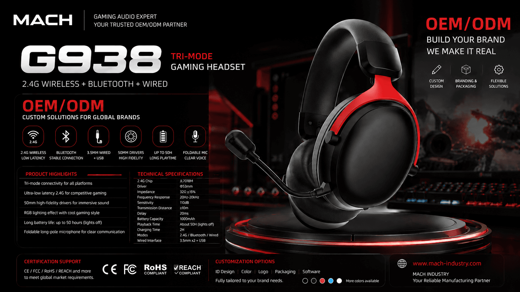 G938 Red Private Label Gaming Headset