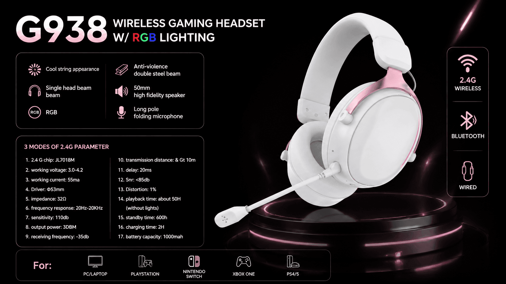 G938 White RGB ODM Tri-Mode Wireless Gaming Headset