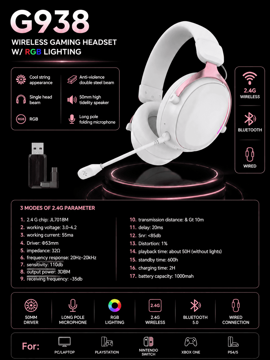 G938 white RGB ODM tri-mode wireless gaming headset with folding microphone and USB receiver