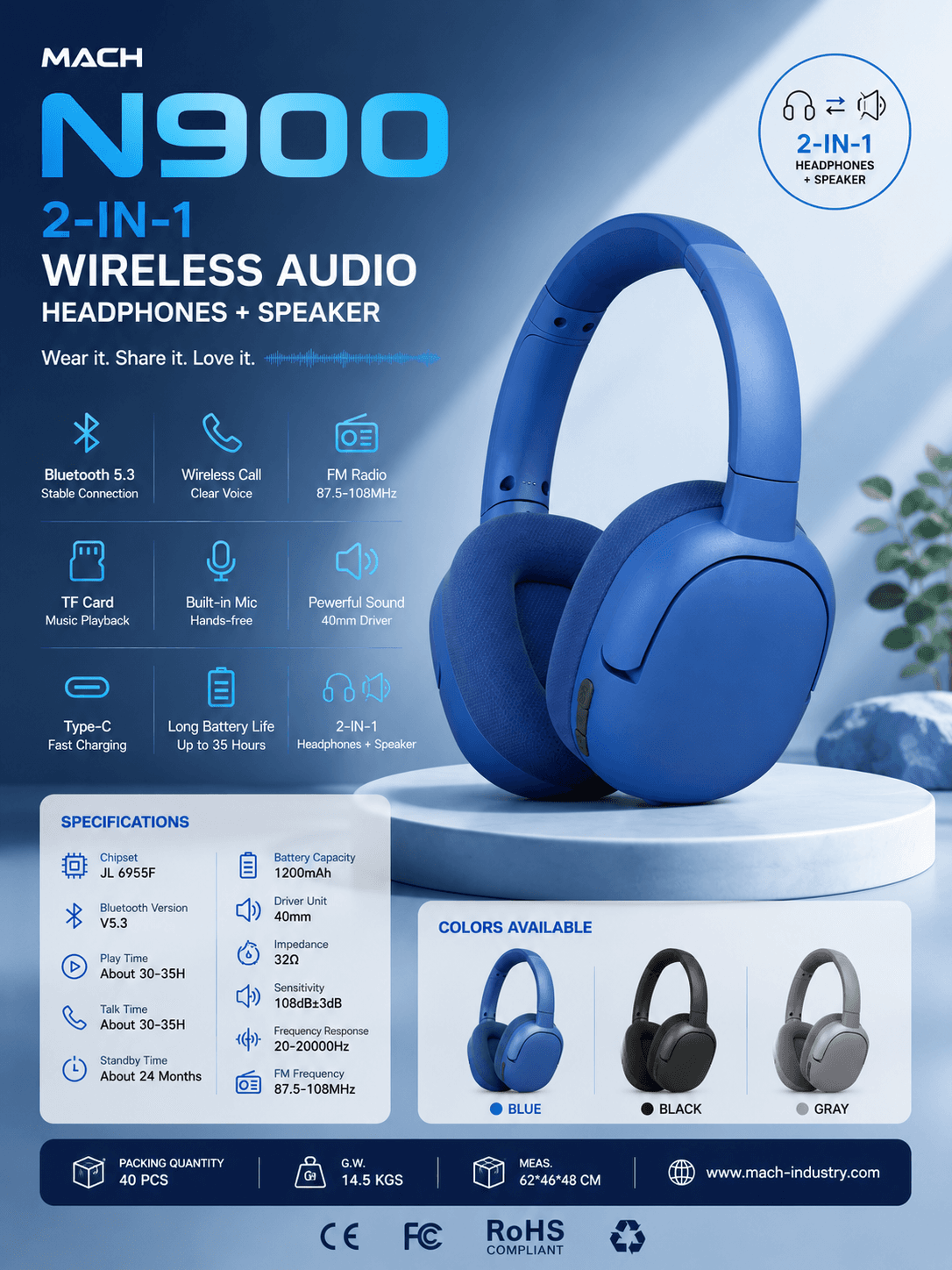 N900 blue Bluetooth headphones and speaker 2-in-1 hero image