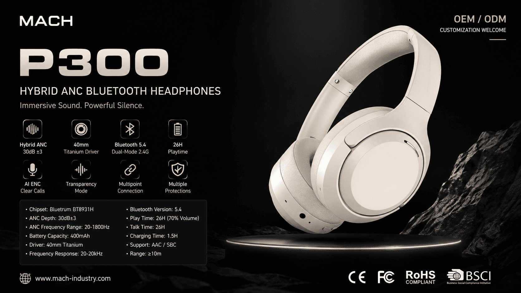 P300 Hybrid ANC Dual-Mode Wireless Headphones OEM ODM product platform