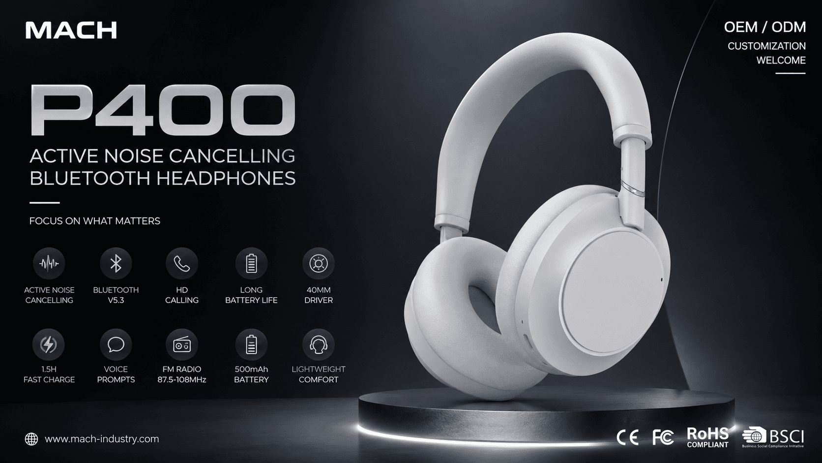 P400 Bluetooth ANC Wireless Headphones OEM ODM product platform
