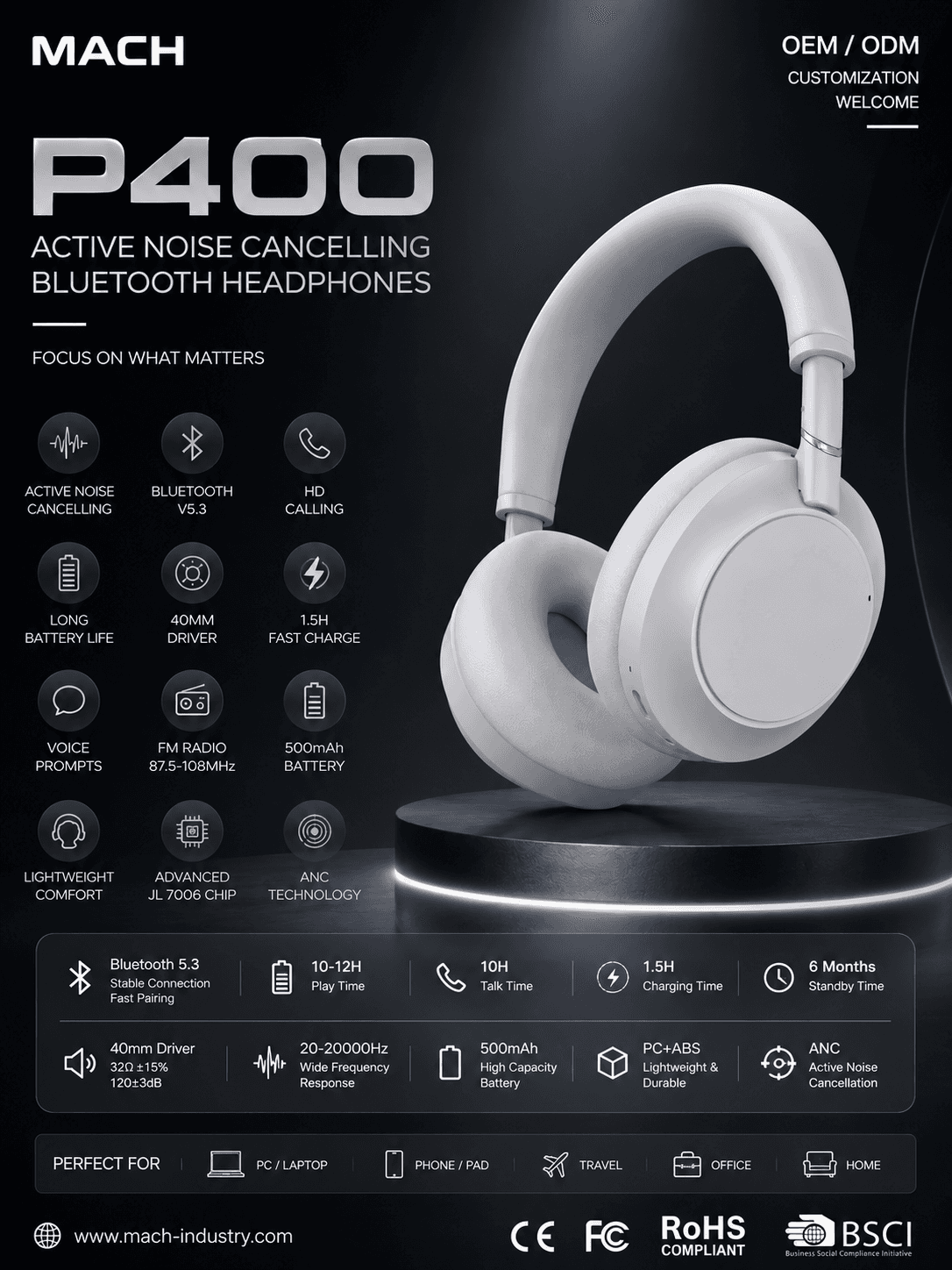 P400 Bluetooth ANC wireless over-ear headphones hero image
