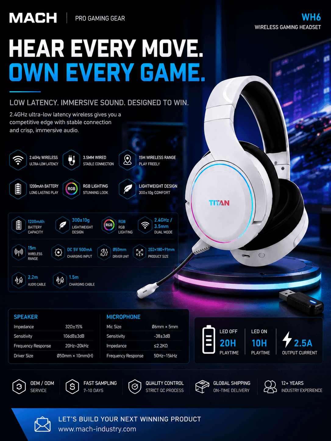 WH6 white custom dual-mode wireless gaming headset with RGB lighting and USB receiver