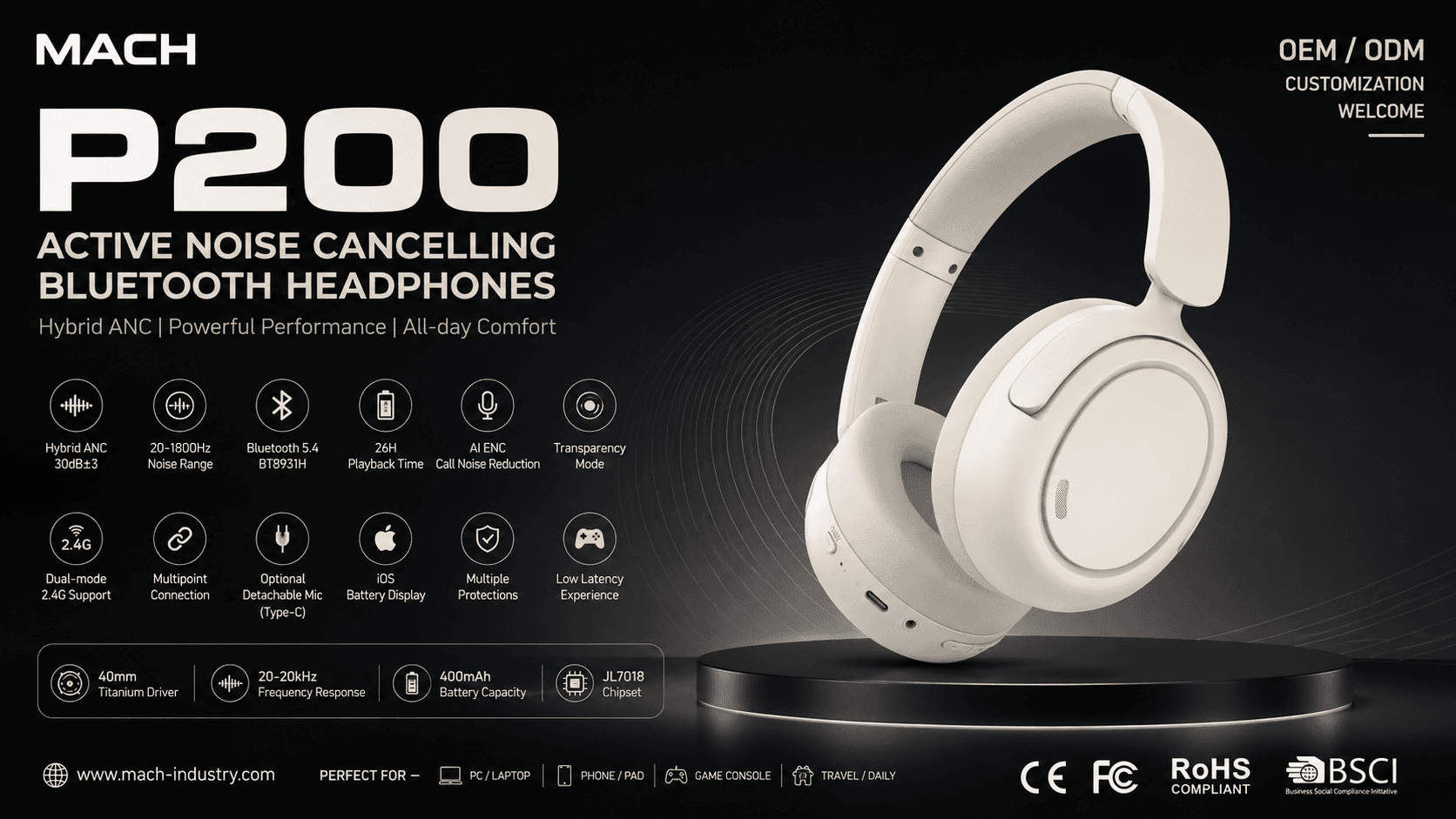 P200 Hybrid ANC Dual-Mode Wireless Headphones OEM ODM product platform