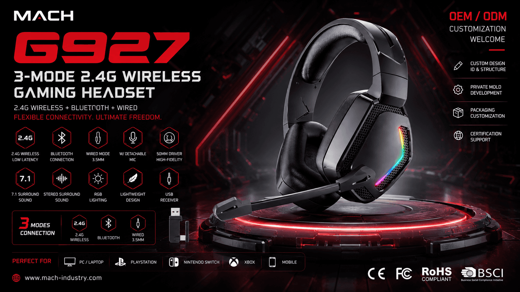 G927 2.4G Wireless Headset For PC Gaming