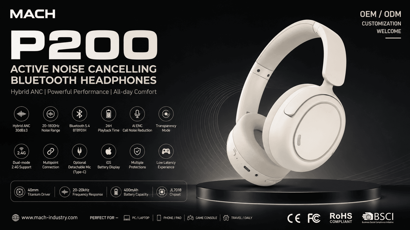 P200 Hybrid ANC Dual-Mode Wireless Headphones
