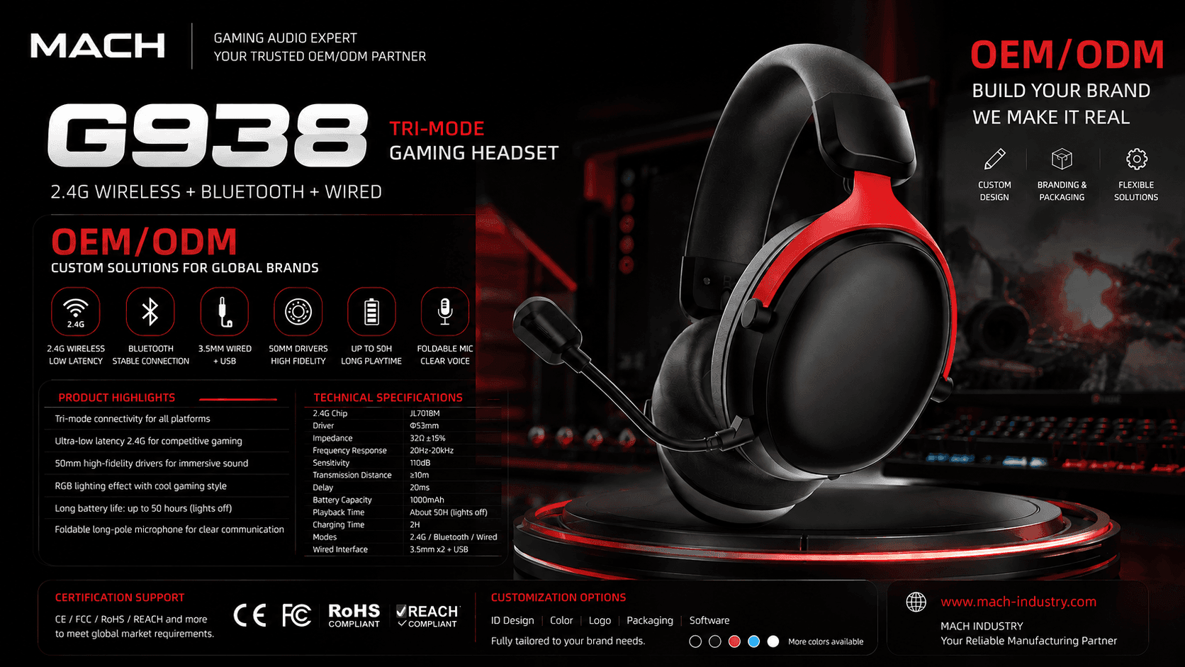 G938 Red Private Label Gaming Headset