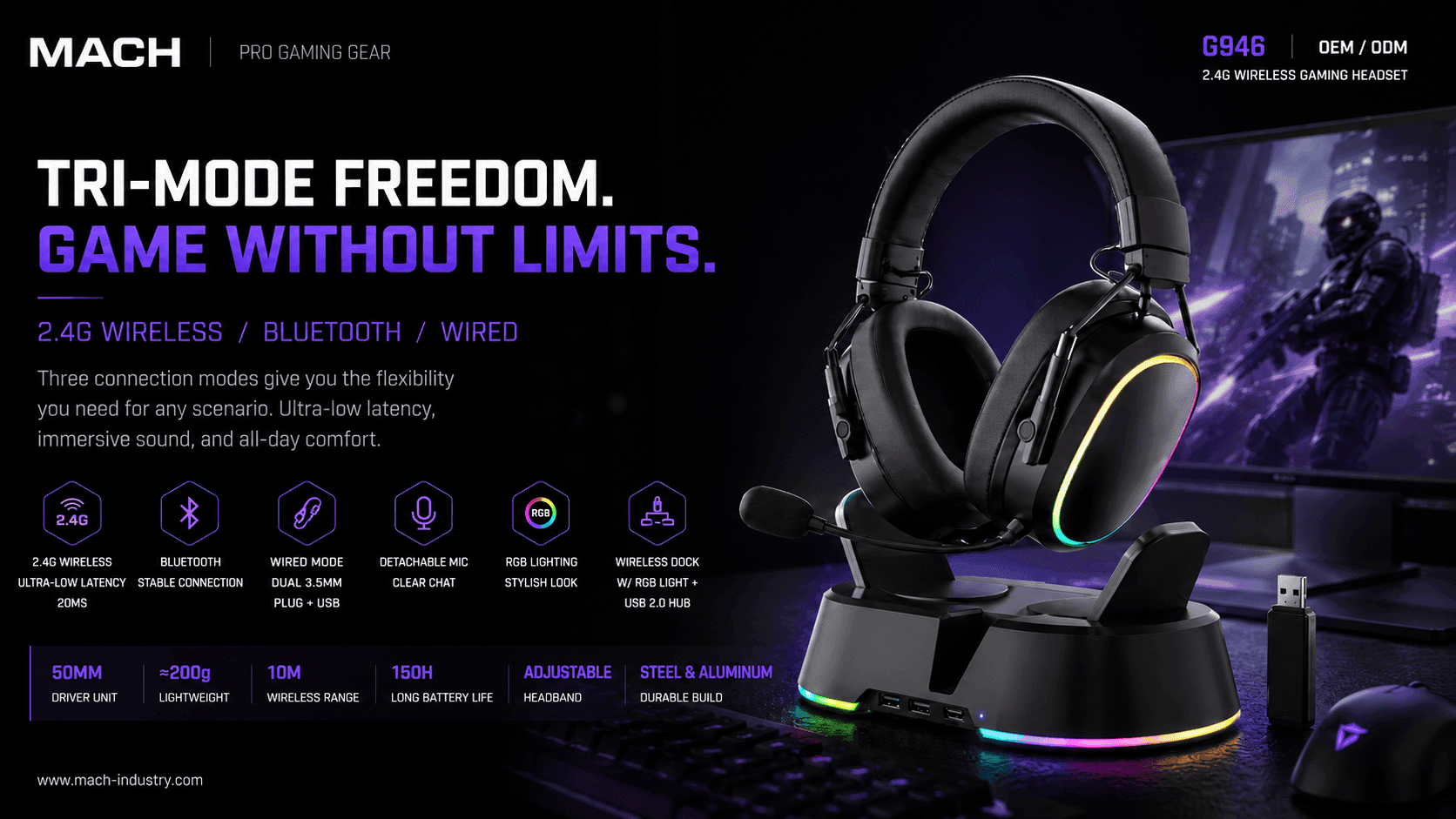G946 Tri-Mode Gaming Headset OEM ODM product platform