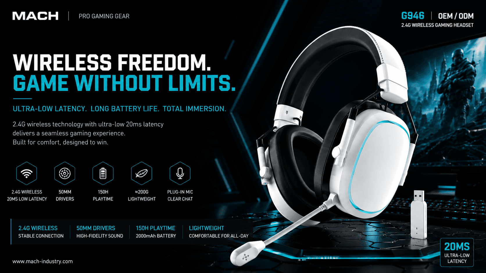 G946 White 2.4G Wireless Gaming Headset
