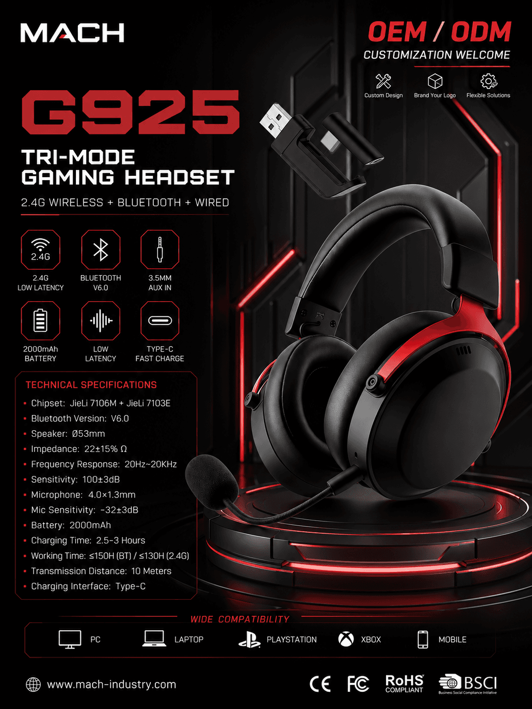 G925 Wireless Gaming Headset OEM ODM Gaming Audio Manufacturer
