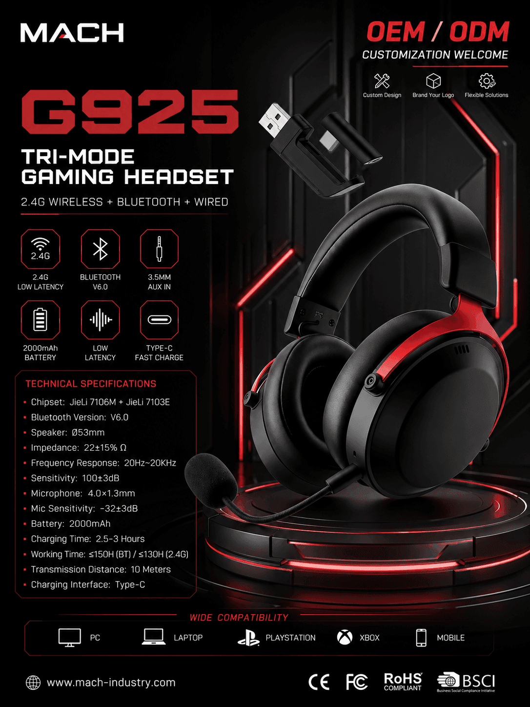 G925 Wireless Gaming Headset OEM ODM Gaming Audio Manufacturer