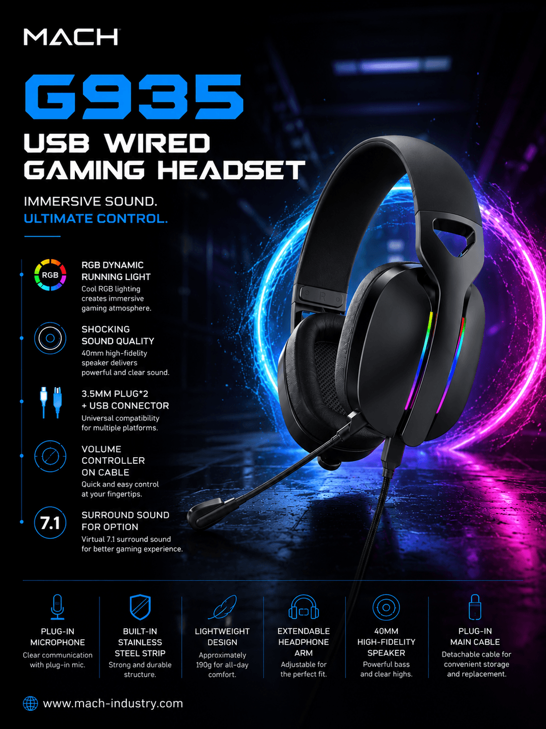 G935 USB Wired Gaming Headset OEM ODM Gaming Audio Manufacturer