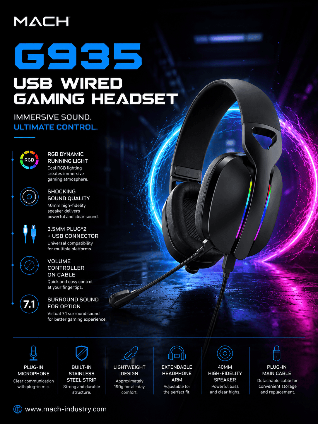 G935 USB Wired Gaming Headset OEM ODM Gaming Audio Manufacturer