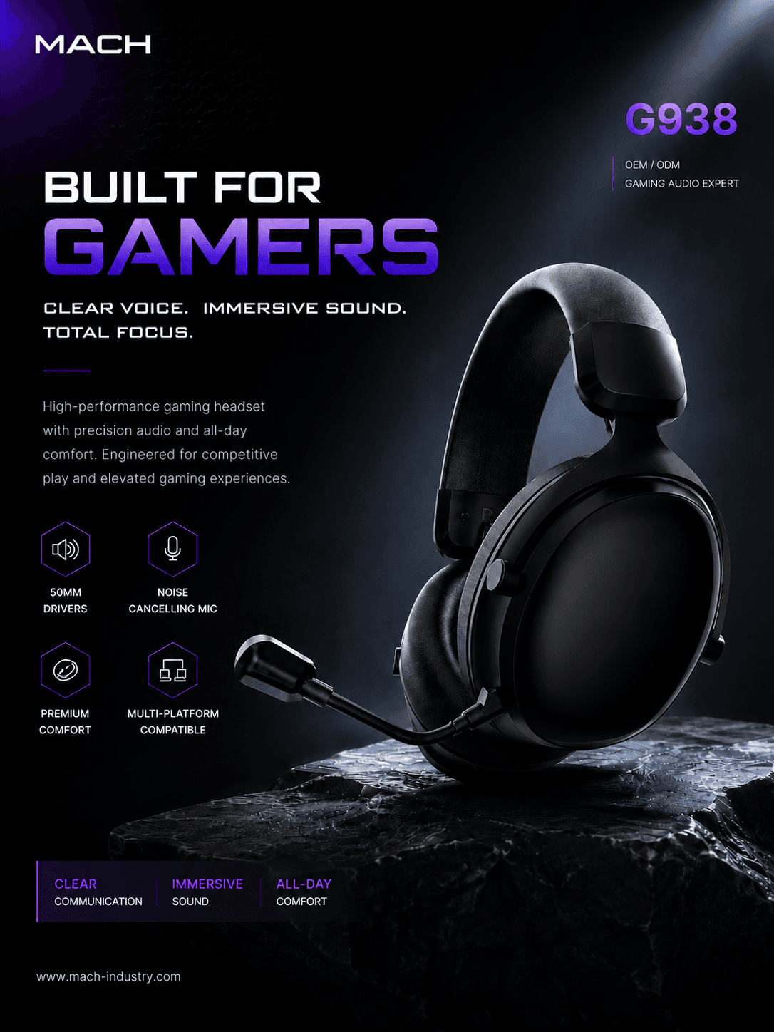G938 BK black OEM wireless gaming headset with folding boom microphone