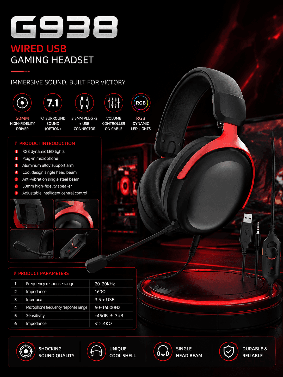G938 dual 3.5mm USB wired gaming headset hero image