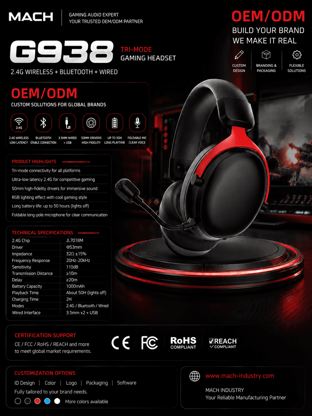 G938 red private label gaming headset for OEM brands