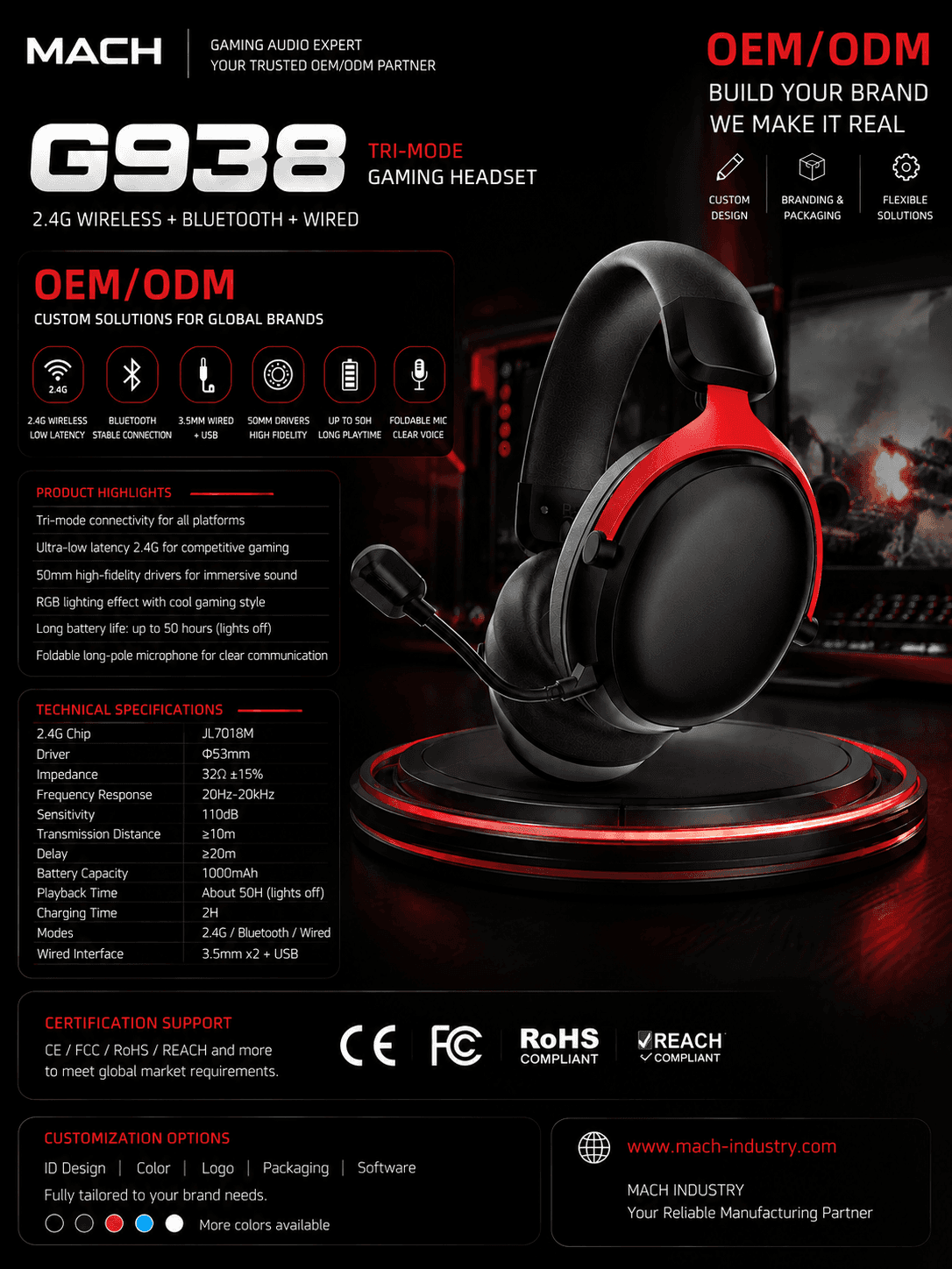 G938 Red private label 2.4GHz wireless gaming headset front view
