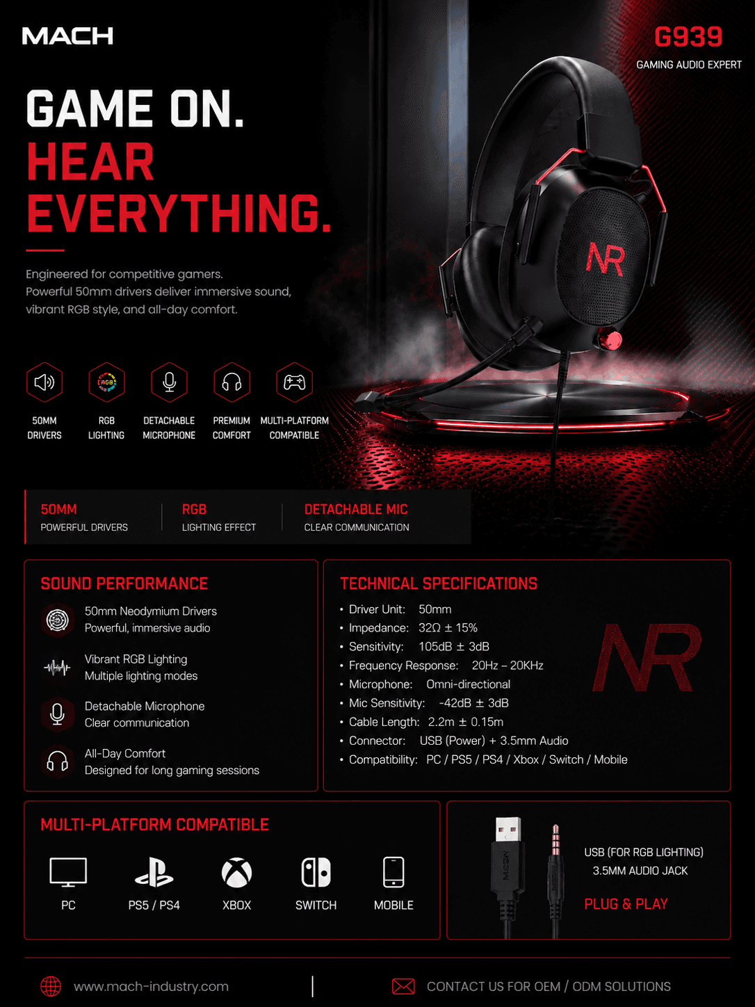 G939 Wired RGB Gaming Headset OEM ODM Gaming Audio Manufacturer