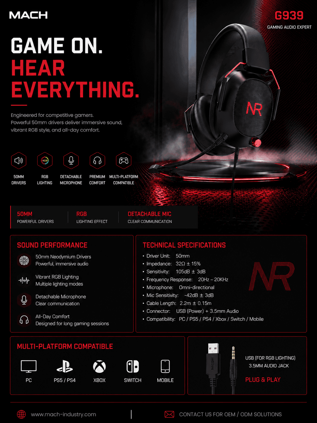G939 wired RGB gaming headset with USB audio and detachable microphone