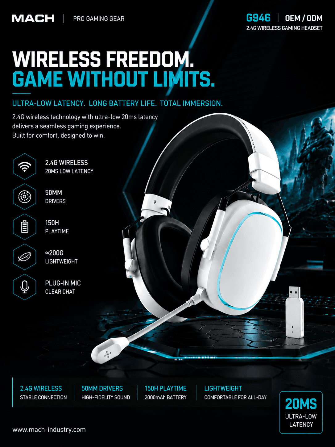 G946 WH white 2.4G wireless gaming headset with plug-in microphone and USB dongle