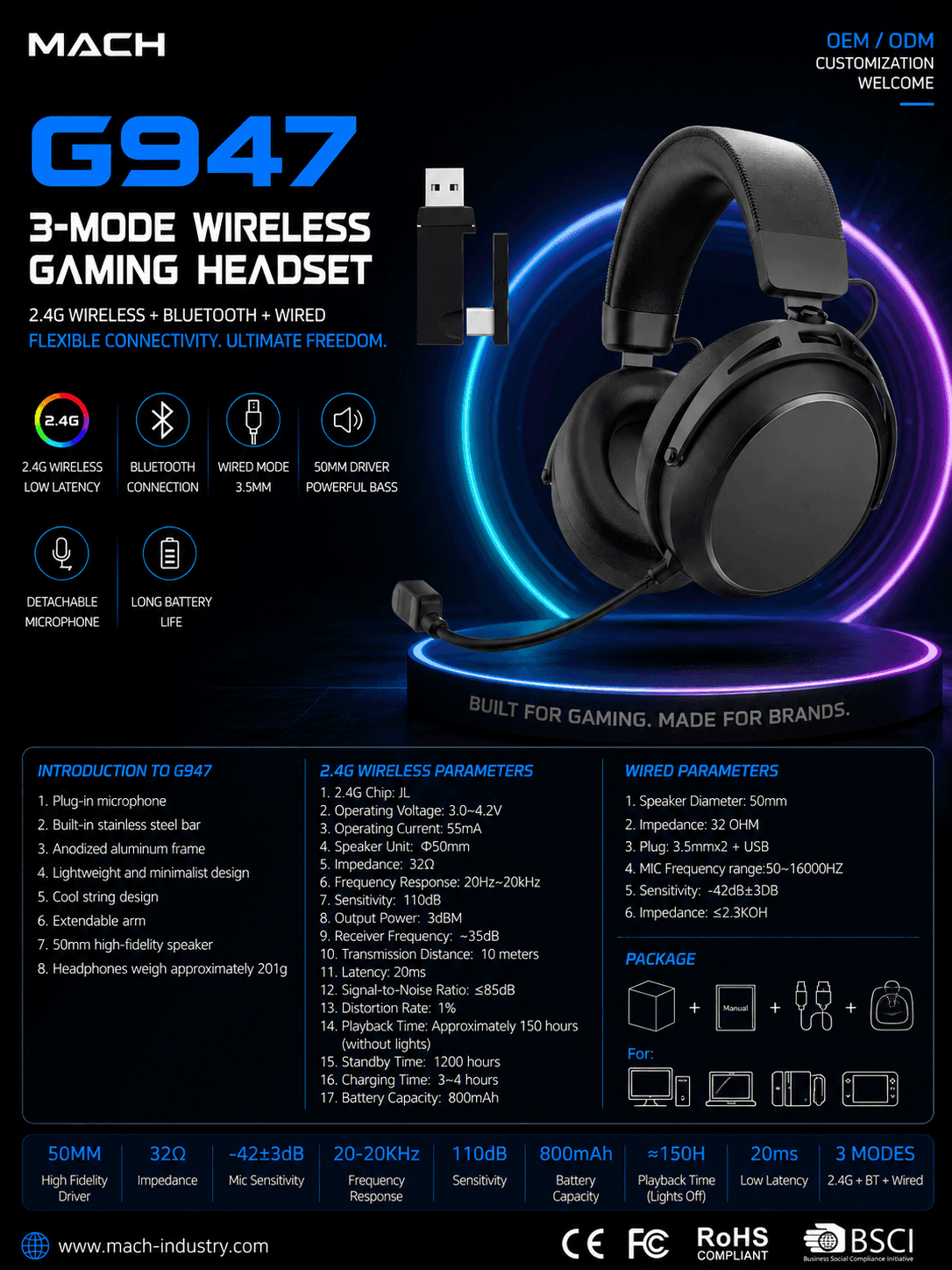 G947 tri-mode wireless gaming headset with 2.4G dongle hero image