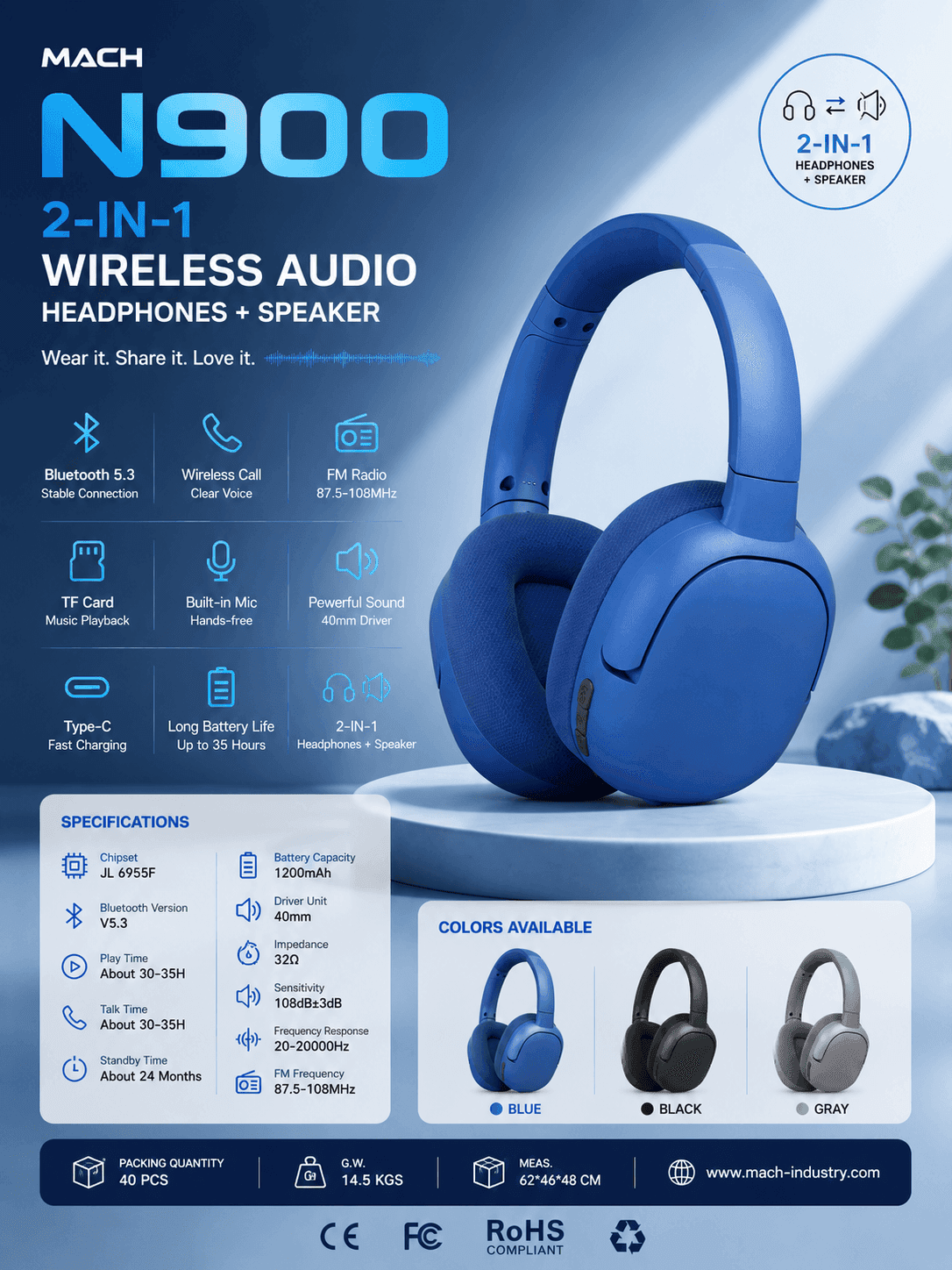 N900 blue Bluetooth headphones and speaker 2-in-1 hero image