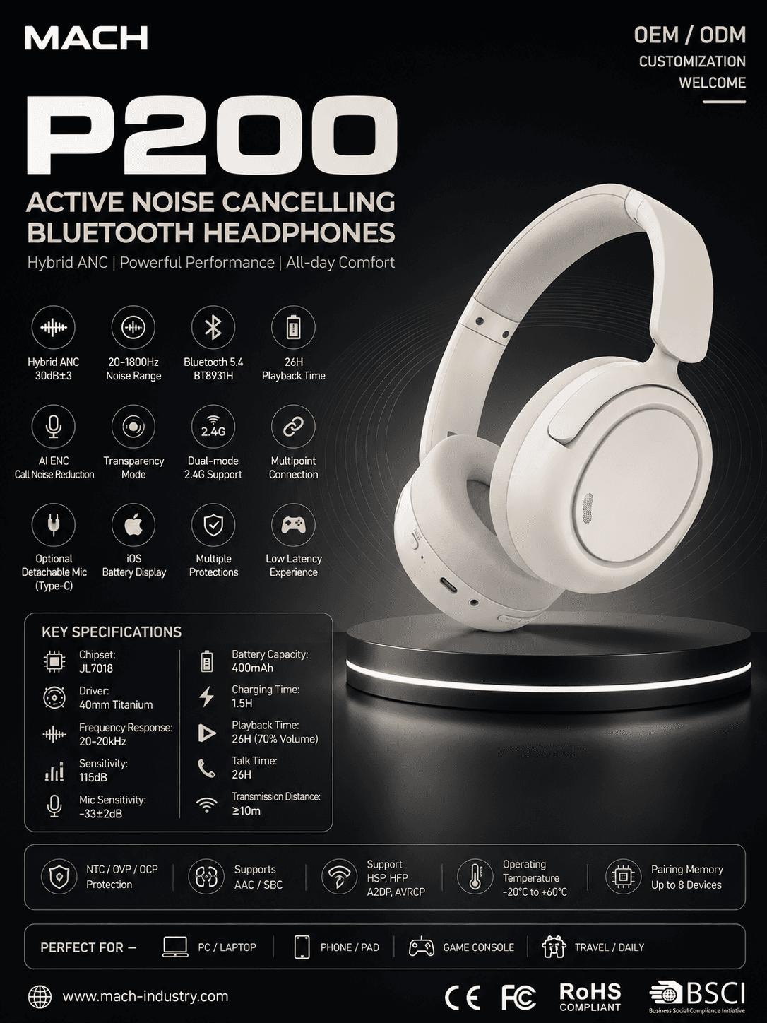 P200 light color hybrid ANC dual-mode wireless headphones product view
