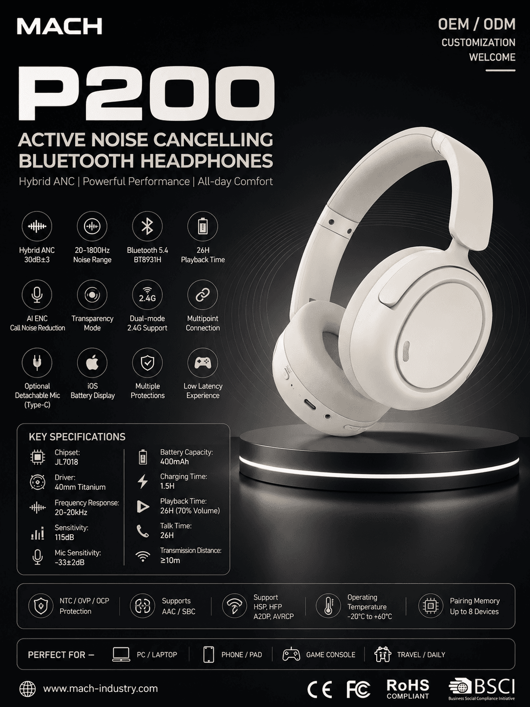 P200 light color hybrid ANC dual-mode wireless headphones product view