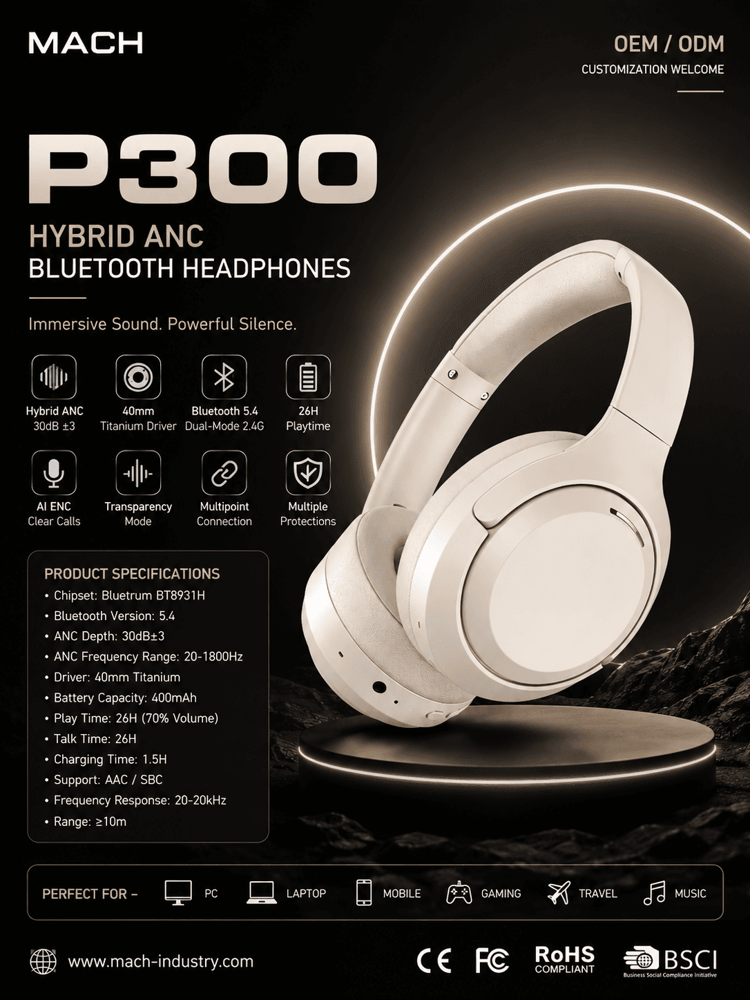 P300 light color hybrid ANC dual-mode wireless headphones hero image