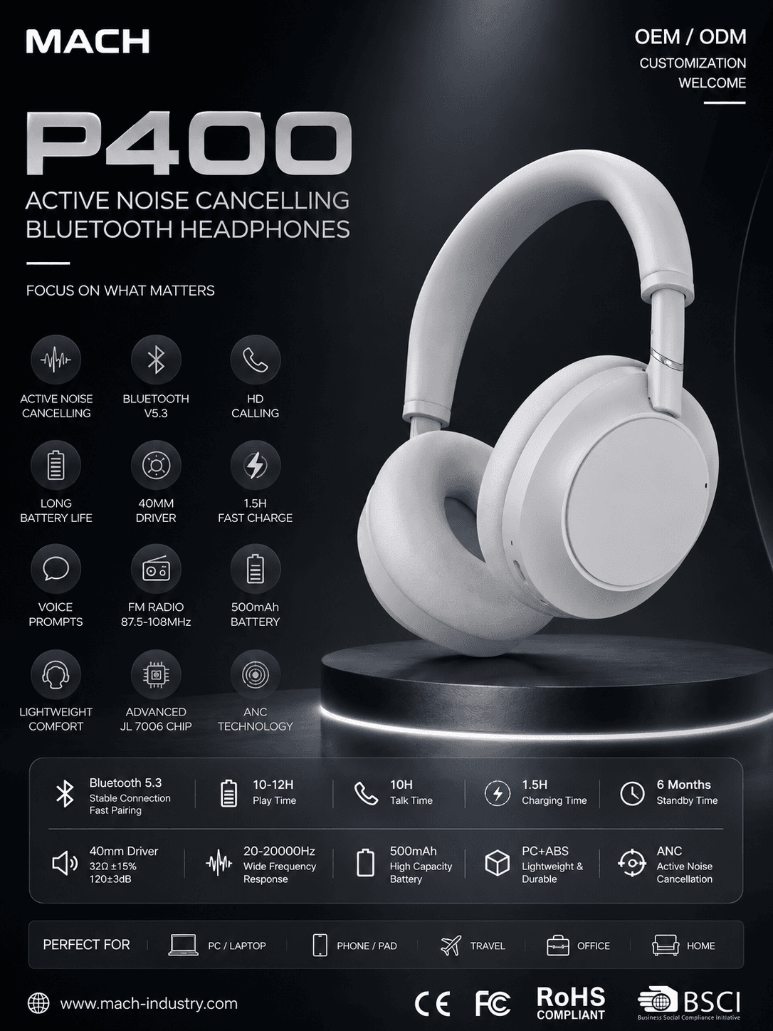P400 Bluetooth ANC wireless over-ear headphones hero image