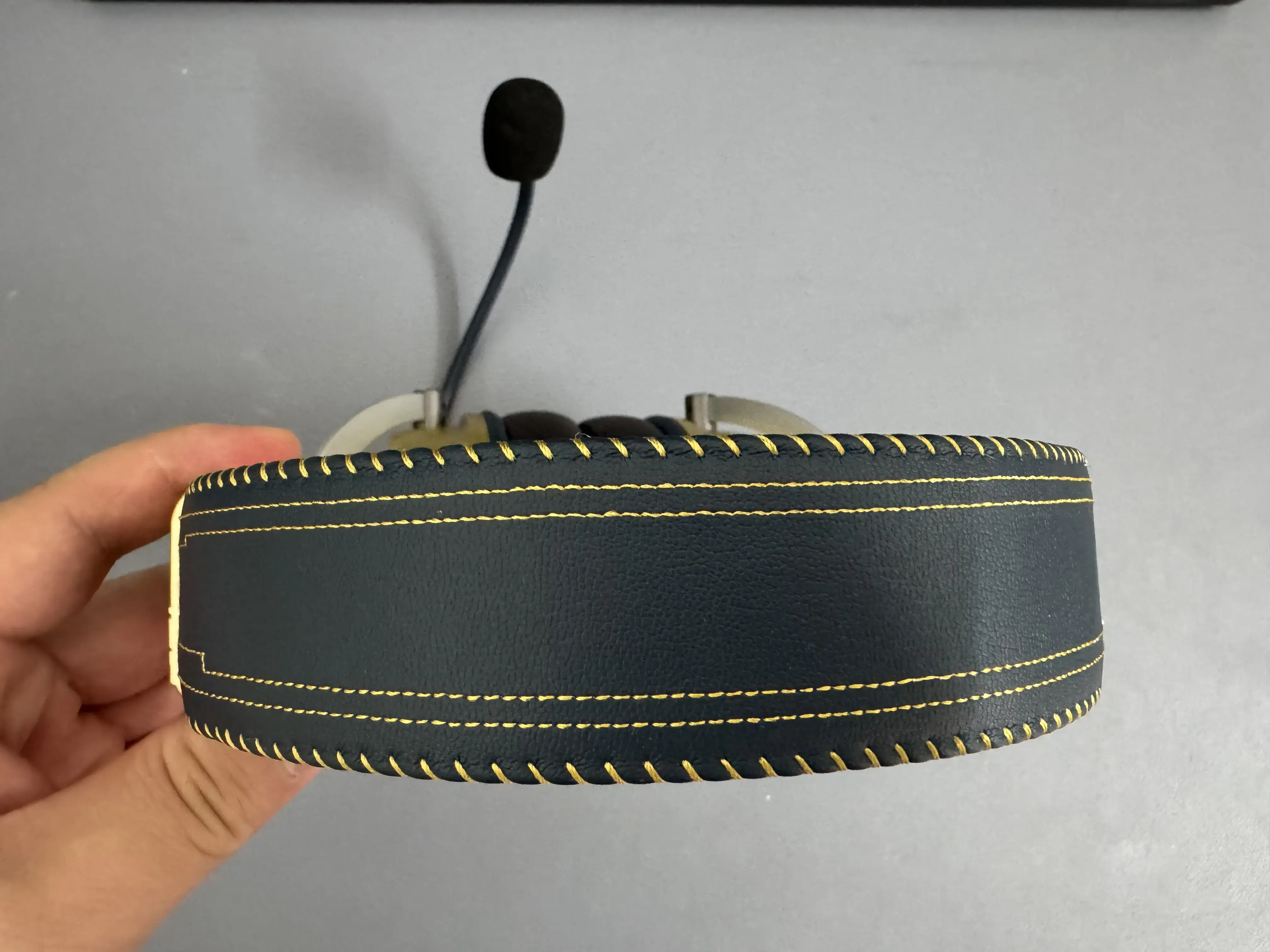 HOG gaming headset stitched brown leather headband material detail