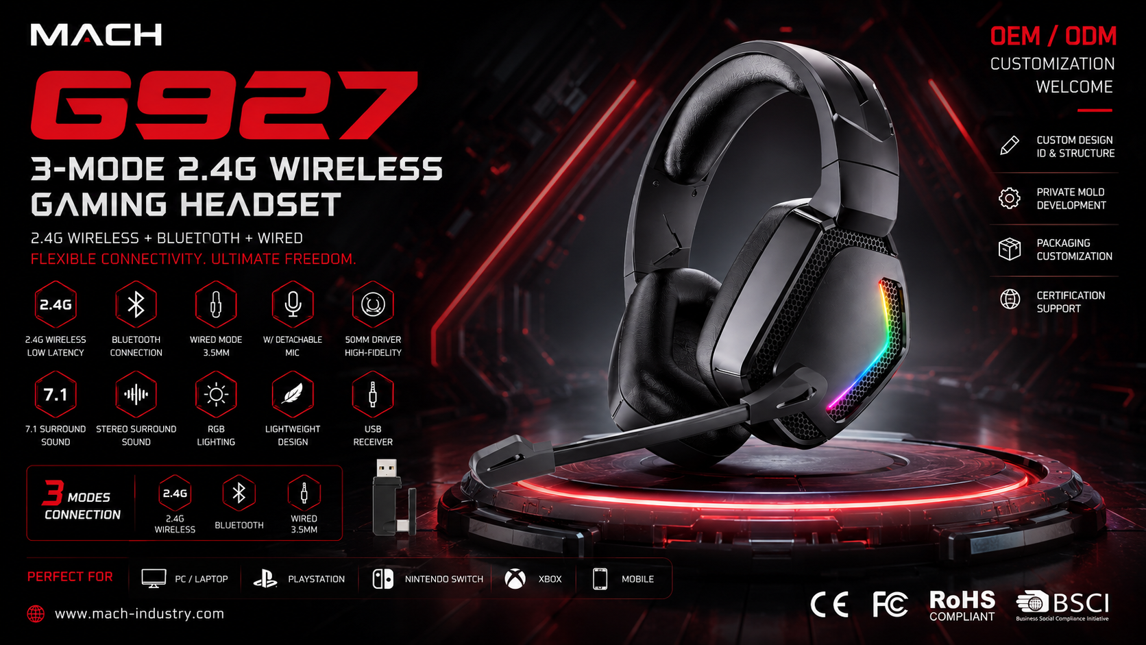 G927 2.4GHz PC gaming headset platform with Bluetooth and 3.5mm support