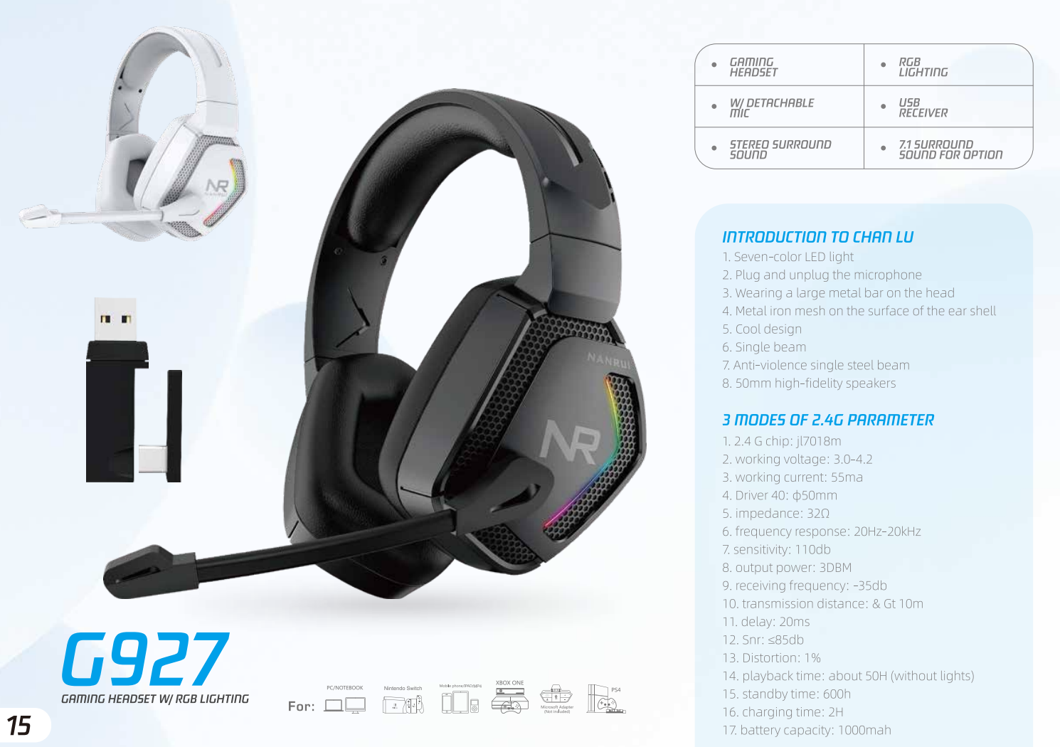 G927 JL7018M 50mm driver battery and tri-mode specification reference