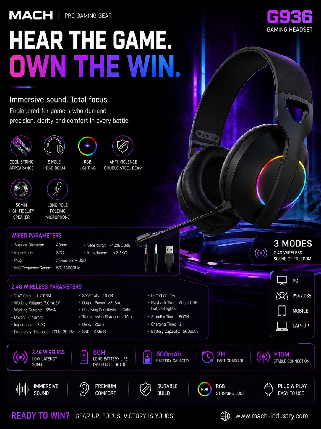 G936 Black RGB tri-mode wireless gaming headset with reinforced double-steel headband
