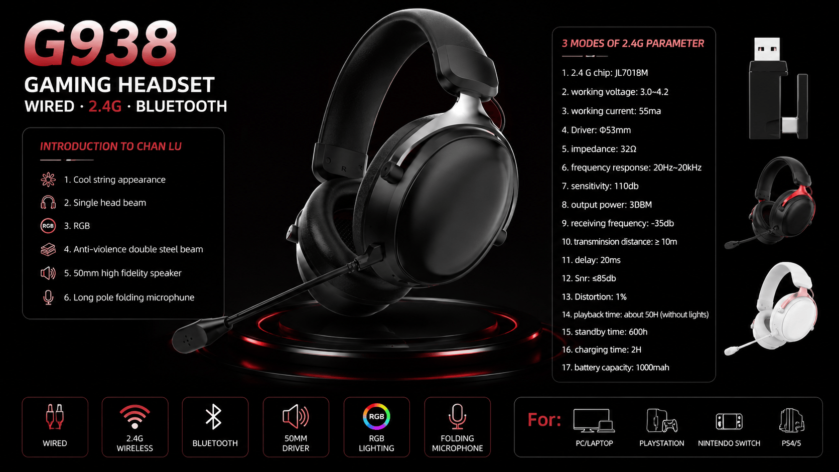 G938 Black private-label 2.4GHz gaming headset platform with Virtual 7.1