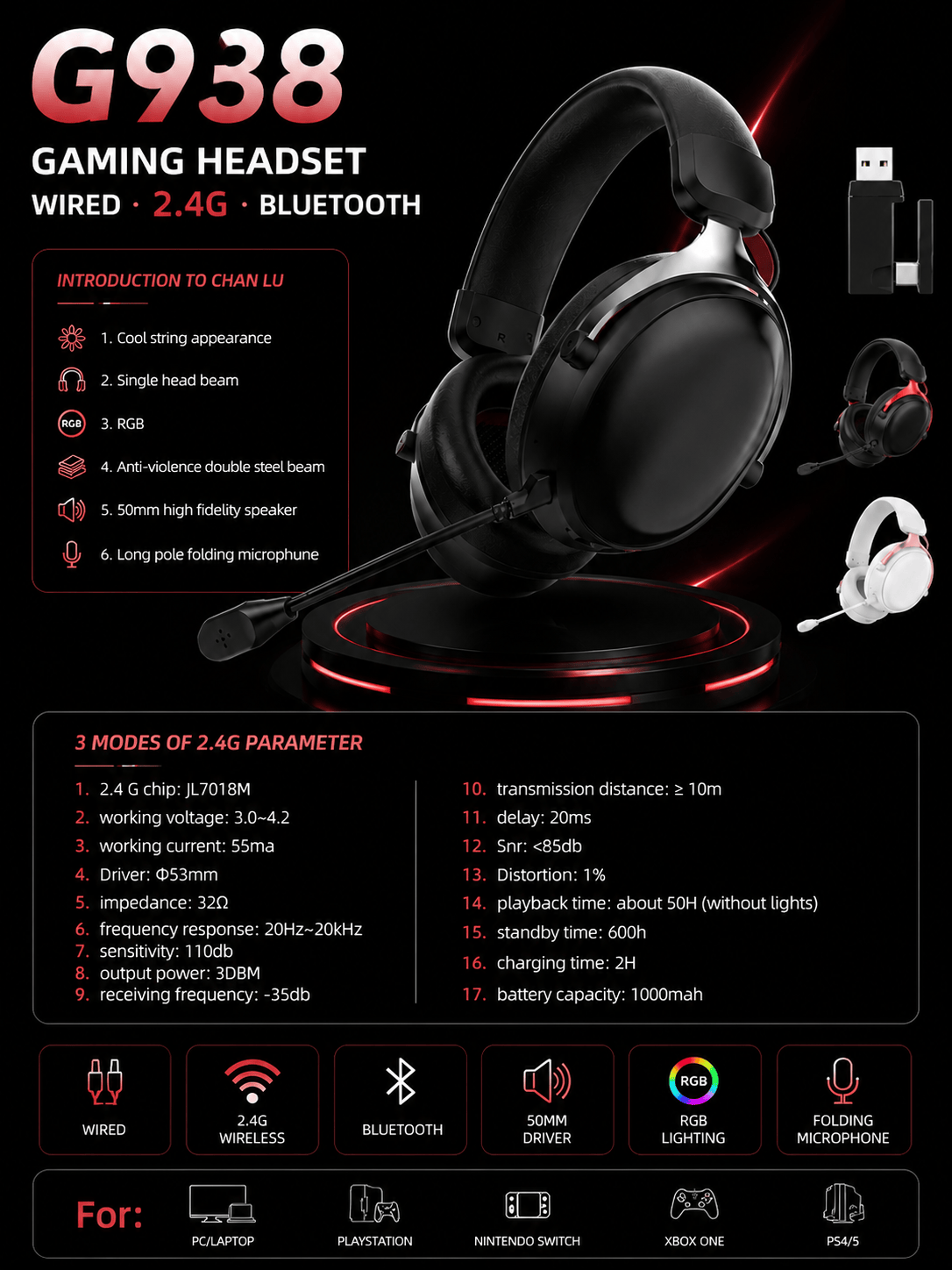 G938 Black 2.4GHz Virtual 7.1 wireless gaming headset with included USB receiver
