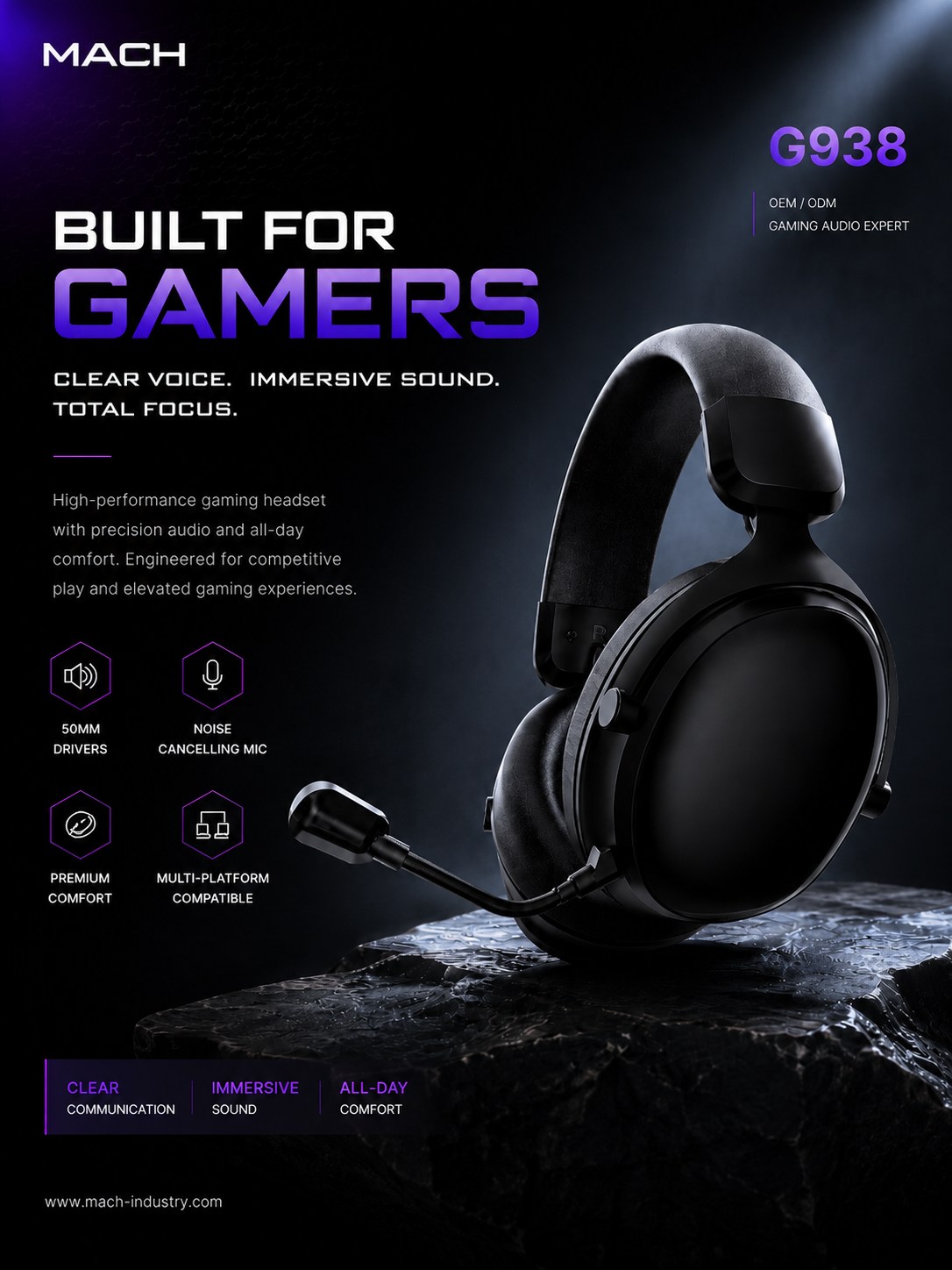 G938 BK black tri-mode OEM wireless gaming headset with folding boom microphone